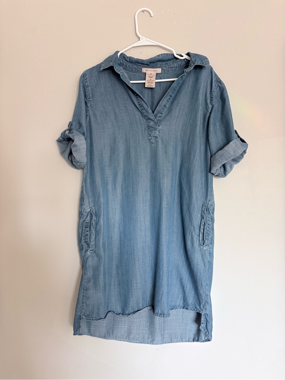 Anthropologie Philosophy Chambray Shirt Dress Size M Tencel Roll Tab Sleeves